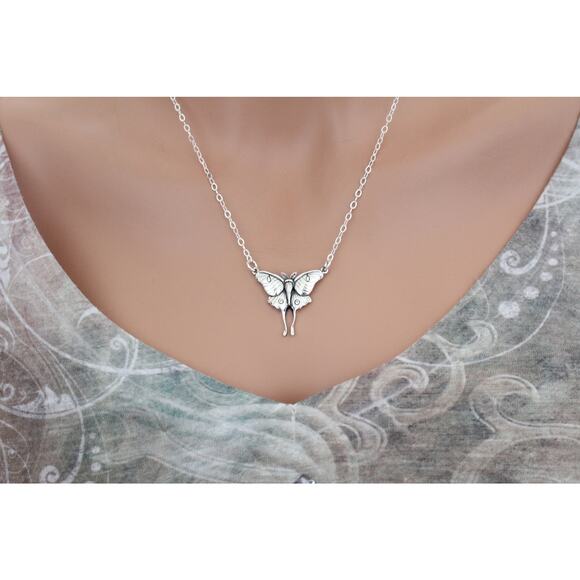 Sterling Silver Luna Moth Pendant Necklace, Silver Luna Moth Pendant Necklace - Picture 2 of 5